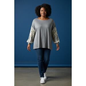 Emerald Collection - Plus Size Animal Print Balloon Sleeve Top - Charcoal/Taupe